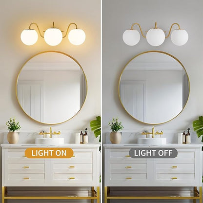 3 Lights Vintage Bathroom Vanity Light Fixtures Over Mirror, Brushed Gold Vanity Lights For Bathroom With Milk White Glass Globe Shade, Wall lights For Bedroom, Hallway, Dressing Table,Includ G9 Bulbs