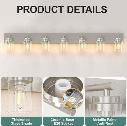 IZORRO Bathroom Vanity Light Fixture, 7-Light 52 inch Brushed Nickel Bathroom Light Fixtures Over Mirror, with Clear Glass Shade, Modern Farmhouse Vanity Lights, Rustic Restroom Lighting Fixtures