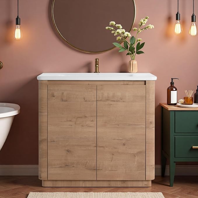 36" Bathroom Vanity with Ceramic Sink, Freestanding Bathroom Vanity with 2-Soft-Close Door, Soft-Closing Hinges & Hidden Handles for Home, Farmhouse, Easy to Clean Design, Imitative Oak