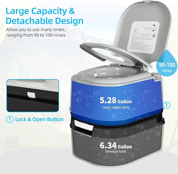 YITAHOME Portable Toilet 6.34 Gallon Camping Porta Potty with Paper | Handle Pump, Rotating Spout, for Boating, Hiking, Trips, Grey