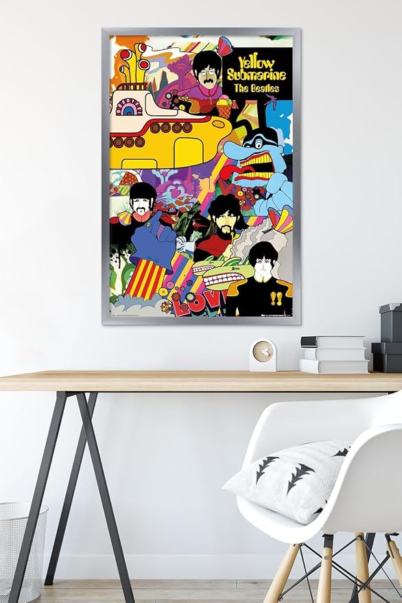 Trends International 24X36 The Beatles - Submarine Collage Wall Poster, 24" x 36", Silver Framed Version