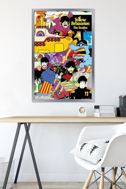 Trends International 24X36 The Beatles - Submarine Collage Wall Poster, 24" x 36", Silver Framed Version