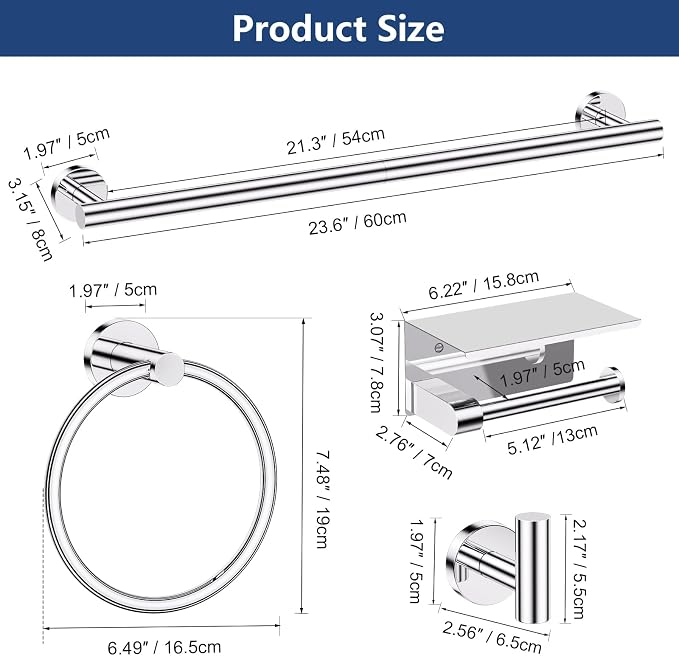 TQKAG 5 Piece Bathroom Towel Holder, Polished Chrome Bathroom Hardware Set | SUS304 Stainless Steel, 23.6" Toilet Paper Holder with Shelf, Towel Racks for Bathroom Wall Mounted, Towel Bars