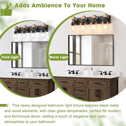 4-Lights Farmhouse Vanity Lights for Bathroom, Matte Black Bathroom Light Fixtures with Clear Glass Shade, Rustic Wood Wall Lighting Fixtures Over Mirror for Bedroom, Living Room, Hallway