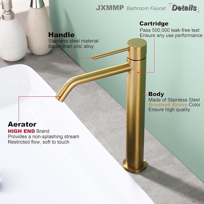 Brushed Brass Vessel Sink Faucet with Pop Up Drain and Supply Lines, Stainless Steel Brass Tall Bathroom Faucet Single Hole, JXMMP Gold Bathroom Faucet for Bowl Sink 1 Hole, JXM1001BTG