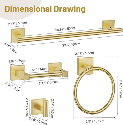 Lairuier Brushed Gold Bathroom Accessories, Towel Bar Set Wall Mounted | 5 Pieces Bathroom Hardware Set, SUS304 Stainless Steel Double Base 23.6" Towel Bar, Towel Ring, Toilet Paper Holder & Hooks