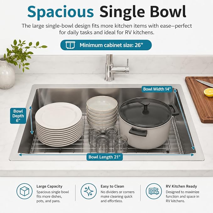 Kitsitchen RV Kitchen Sink,16 Gauge T304 Stainless Steel Undermount Kitchen Sinks, 23" x 16" x 7" Single Bowl Drop In Kitchen Sinks with Accessories,7 inch Deep for Outdoor Camper RV Sink