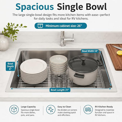 Kitsitchen RV Kitchen Sink,16 Gauge T304 Stainless Steel Undermount Kitchen Sinks, 23" x 16" x 7" Single Bowl Drop In Kitchen Sinks with Accessories,7 inch Deep for Outdoor Camper RV Sink