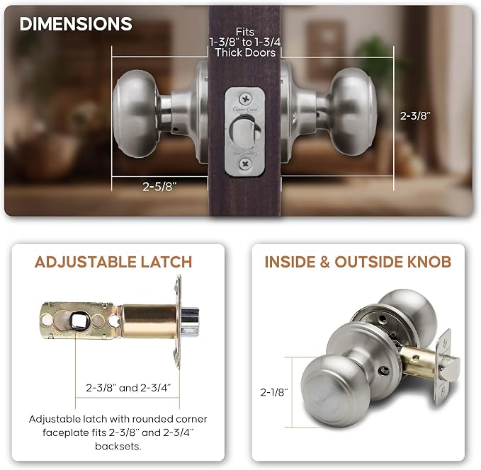 Copper Creek Colonial Passage Interior Door Knob – ANSI Grade-3 Certified, Modern Heavy Duty Handle, Easy Install and Reversible for Bedroom, Bathroom and Closets – Satin Stainless (2 Pack)