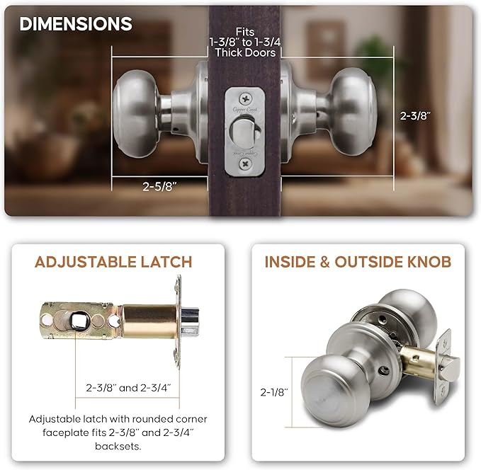 Copper Creek Colonial Passage Interior Door Knob – ANSI Grade-3 Certified, Modern Heavy Duty Handle, Easy Install and Reversible for Bedroom, Bathroom and Closets – Satin Stainless (3 Pack)