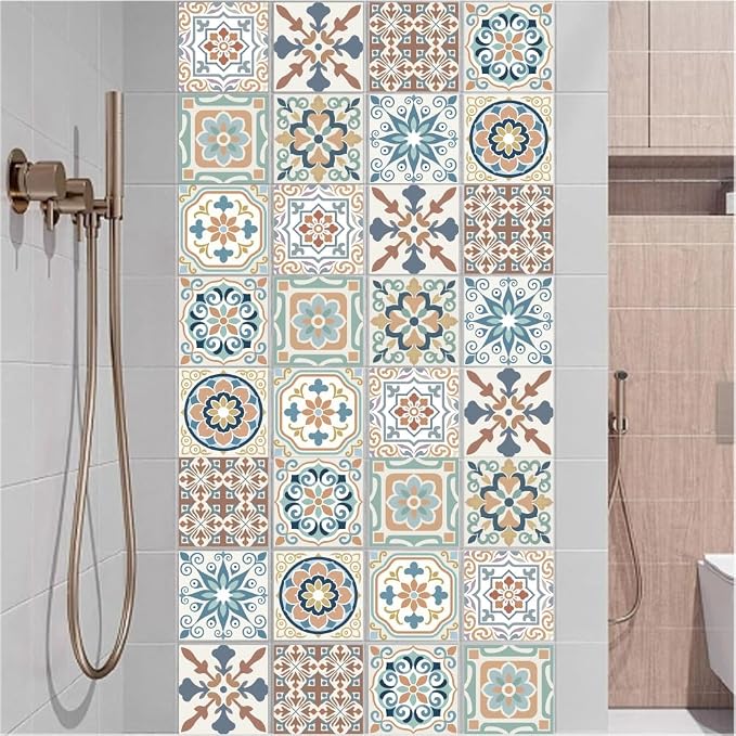 36Pcs 9 Styles Mediterranean Peel and Stick Tile 4 x 4 Inch Decorative Tile Stickers Square Flower Pattern Waterproof PVC Decals for Kitchen Bathroom Backsplash Furniture DIY Home Decor