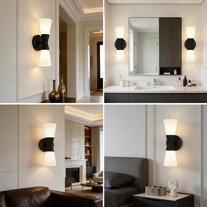Wall Sconces Set of 2 for Bathroom, Modern Indoor Vanity Light Fixtures 13", Up Down Lighting, Wall Mount Lamp for Living Room Bedroom Hallway Stairway Fireplace Mirror E26 Base 2PC White&Black