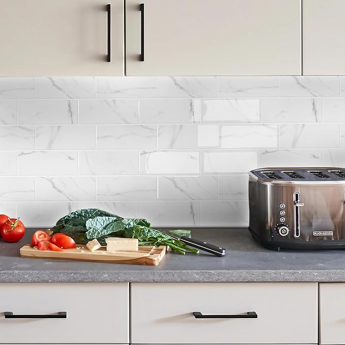 STICKGOO 10-Sheet Subway Peel and Stick Backsplash Tiles Carrara White | Waterproof 3D PVC wall tiles with strong adhesive, extra thick for kitchen backsplash and bathroom walls