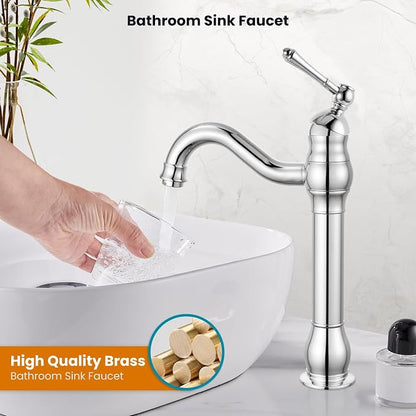 gotonovo Vintage Bathroom Vessel Sink Faucet, Polish Chrome, No Drain | Tall Bathroom Faucet 1 Hole Single Handle, 360° Swivel Spout, cUPC Water Lines, Lead-Free, for Farmhouse Vanity Washbasin RV