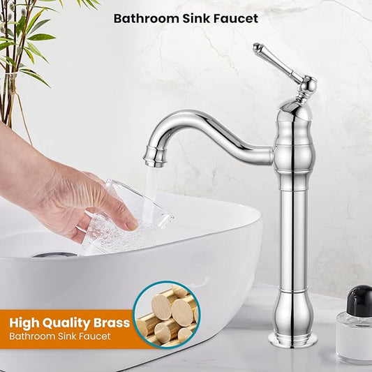 gotonovo Vessel Sink Faucet 360° Swivel Spout Single Handle Tall Bathroom Faucet 1 Hole Farmhouse Lavatory Washbasin Mixer Tap Matching Supply Hoses, Without Pop Up Drain, Polish Chrome