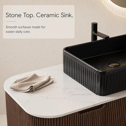 30 Inch Bathroom Vanity with Sink, Floating Wall Mounted Single Sink Vanity, Dark Walnut Curved Fluted Front, Stone Top, Black Textured Rectangular Vessel Basin, Pre-Assembled
