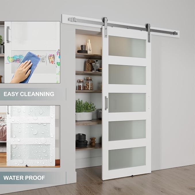 34'' x 84'' Glass Barn Door and 6FT Brushed Nickel Hardware Kit | MDF White Barn Door Slab with Frosted Glass, PVC Surface, Combined with Handle and Floor Guide-Assembly Required