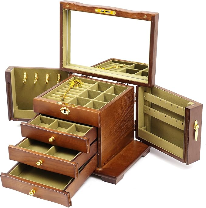 Extra Large 4 Layers Wooden Jewelry Box Jewelry Case Cabinet Armoire Ring Necklacel Gift Storage Box Organizer (4 Layers,Brown)