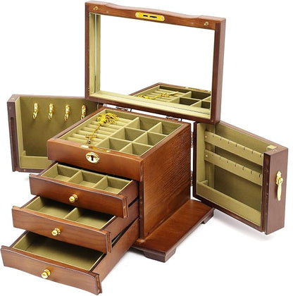 Extra Large 4 Layers Wooden Jewelry Box Jewelry Case Cabinet Armoire Ring Necklacel Gift Storage Box Organizer (4 Layers,Brown)