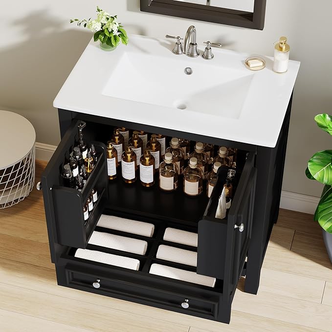 Tribesigns Modern Bathroom Vanity with Sink, Freestanding Bathroom Vanities Cabinet with Ceramic Basin Combo, Bathroom Sink Cabinet with 2 Doors and 1 Drawer, Solid Wooden Frame (Black, 30 INCH)