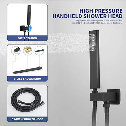 BWE Black Shower Faucet Set, 12 Inch Square Rain Shower Head and Handle Set Bathroom Shower System Sets Complete Combo 2-Functions Pressure Balancing Wall Mount Rainfall Shower Mixer Valve