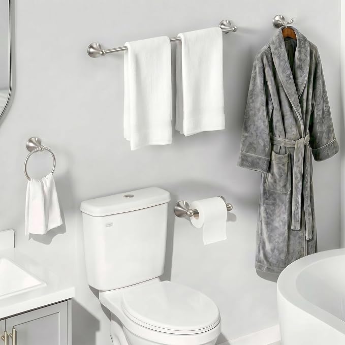 24-Inch Wall Mounted Towel Racks for Bathroom – Space Saver 4-Piece Durable Stainless Steel Bathroom Hardware Set with Towel Bar, Towel Ring, Toilet Paper Holder & Hook, Brushed Nickel