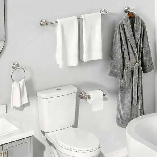 24-Inch Wall Mounted Towel Racks for Bathroom – Space Saver 4-Piece Durable Stainless Steel Bathroom Hardware Set with Towel Bar, Towel Ring, Toilet Paper Holder & Hook, Brushed Nickel