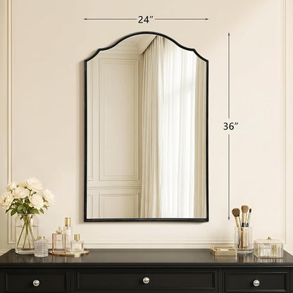 Besdomus Bathroom Mirrors for Over Sink: 24"x36" Black Wooden Arched Mirror | Classical Minimalist Scalloped Decorative Wall for Vanity/Dresser/Mantel/Bedroom/Entryway/Hallway/Fireplace/Nightstand