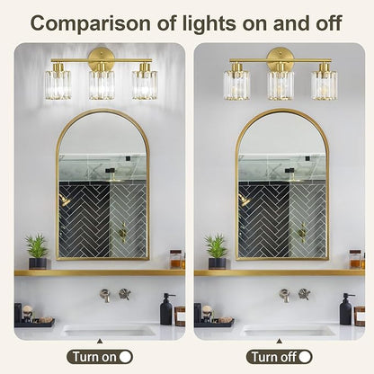 Crystal Bathroom Light Fixtures, Bathroom Lighting Fixtures Over Mirror, Modern 3-Light Gold Vanity Lights for Mirror, Restroom, Kitchen(Ceramic E26 Socket,Bulbs Not Include)