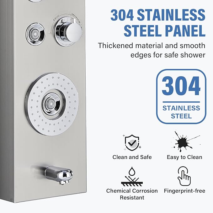 FUZ Shower Panel Tower System, Stainless Steel 6 Function Shower Panel System with LED Fancy Rain Shower Head and Handheld, Comfortable Rain Massage Body Jet and Tub Spout, Brushed Nickel Shower Tower