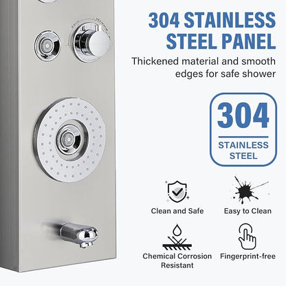 FUZ Shower Panel Tower System, Stainless Steel 6 Function Shower Panel System with LED Fancy Rain Shower Head and Handheld, Comfortable Rain Massage Body Jet and Tub Spout, Brushed Nickel Shower Tower