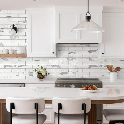 Vamos Tile Peel and Stick Backsplash, Glossy 40-Piece 3''x12'' Subway Tile | Statury White with Dark Gray Grout Wall Tile,PVC Faux Stone Stick on Subway Tiles for Kitchen,Bathroom,Laundry,Camper
