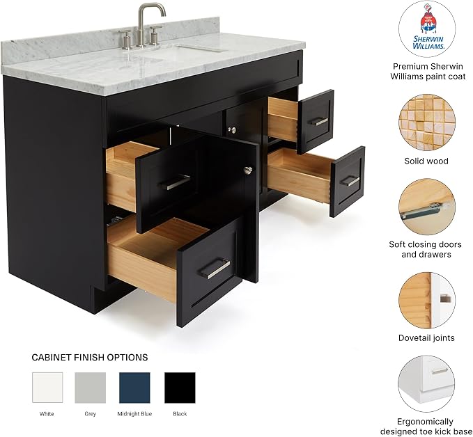 Bradford 60 Inch Bathroom Vanity Single Sink — Black Bathroom Vanity with Sink, 1.5" Edge Italian Carrara Marble Countertop, Solid Wood, 2 Soft-Close Doors, 4 Dovetail Drawers