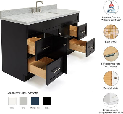 Bradford 60 Inch Bathroom Vanity Single Sink — Black Bathroom Vanity with Sink, 1.5" Edge Italian Carrara Marble Countertop, Solid Wood, 2 Soft-Close Doors, 4 Dovetail Drawers
