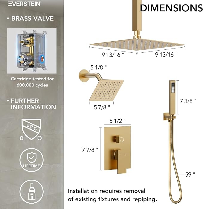 10" High-Pressure Rainfall Shower Faucet, Celling Mount Dual Shower Head System, Brushed Gold