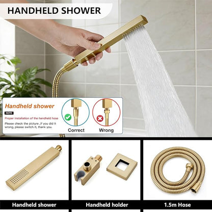 Midanya Shower System with Tub Spout,10 Inch Shower Head,Brushed Gold | with Valve & Trim Kit,Square Rain Head,Handheld Sprayer,Waterfall Spout,All Metal Wall Mount Bathroom Shower Tub Faucet Set