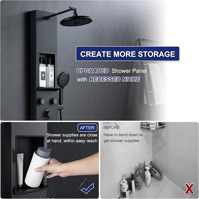 ROVATE Shower Panel Tower System with Shelf & 6 Body Jets, Matte Black | Stainless Steel Shower Column with Height Adjustable Shower Arm, Self-Cleaning Rainfall Shower & Handheld, Mixing Valve Body