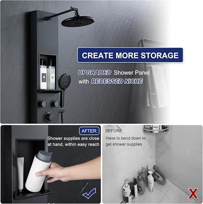 ROVATE Shower Panel Tower System with Shelf & 6 Body Jets, Matte Black | Stainless Steel Shower Column with Height Adjustable Shower Arm, Self-Cleaning Rainfall Shower & Handheld, Mixing Valve Body