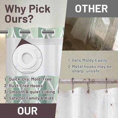 Gelbchu Dark Green No Hook Shower Curtain with Snap-in Liner, 71 x 74 Inch | Built-In Hooks, Mesh Top Window, Water-Repellent, Machine Washable, Quick Drying, Premium Polyester, Hotel Style, Modern