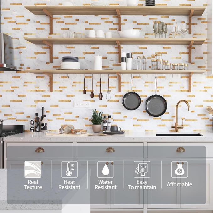 Yipscazo 2026 New Upgrade Peel and Stick Backsplash, Stick on Backsplash Tiles for Kitchen, Bathroom, Fireplace (20 Sheets, White Stone with Gold)