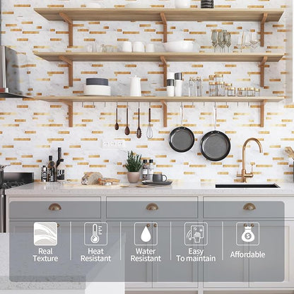 Yipscazo 2026 New Upgrade Peel and Stick Backsplash, Stick on Backsplash Tiles for Kitchen, Bathroom, Fireplace (20 Sheets, White Stone with Gold)
