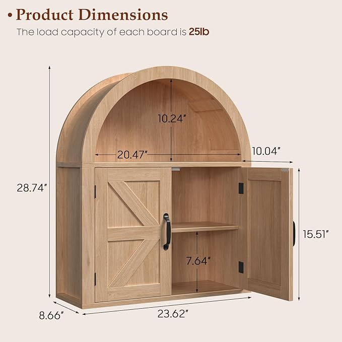 Arched Bathroom Wall Cabinet, Farmhouse Medicine Cabinet with Barn Door and with Adjustable Shelf, 23.6 x 28.7'' Wooden Storage Cabinet Wall Mounted for Bathroom Laundry Room Kitchen, Natural
