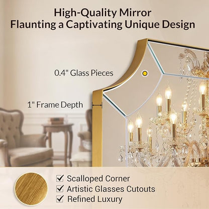 30"x30" Square Bathroom Mirror, Gold Vanity Mirrors for Over Sink, Gold Scalloped Mirror with Glass Pieces, Brass Mirror with Designer-Crafted Notched Corners, Ideal for Home Remodel