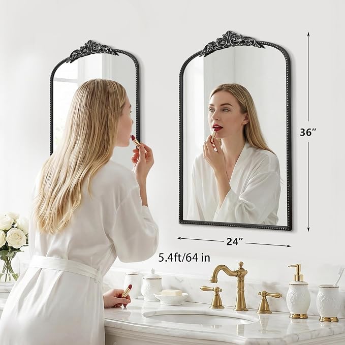 Micasso Bathroom Mirrors for Over Sink: 24"x36" Balck Vintage Arched Mirror | Traditional Ornate Baroque Decorative Antique Wall Mirror for Bedroom/Entryway/Hallway/Dresser/Vanity/Mantel/Nightstand