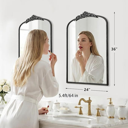 Micasso Bathroom Mirrors for Over Sink: 24"x36" Balck Vintage Arched Mirror | Traditional Ornate Baroque Decorative Antique Wall Mirror for Bedroom/Entryway/Hallway/Dresser/Vanity/Mantel/Nightstand