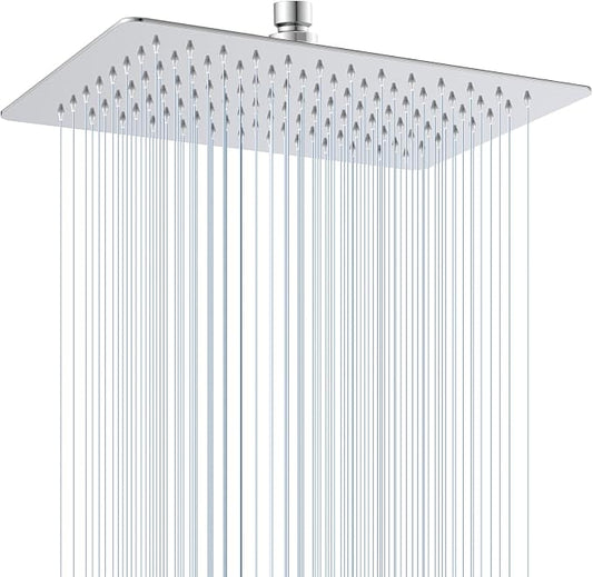 12x8 Inch Rectangle Rain Shower Head Chrome, All Metal Stainless Steel 304, Full Body Rainfall Shower with 112 Silicone Nozzles, Ceiling Rain Showerheads