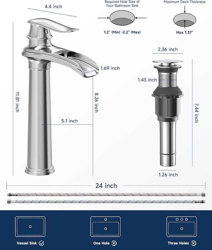Chrome Vessel Sink Faucet Brass Waterfall Bathroom Faucet Single Hole | with Pop Up Drain Assembly and Supply Hoses, Single Handle Tall Bathroom Faucets Lavatory Vanity Mixer Tap by BATHLAVISH