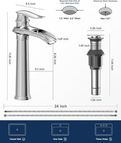 Chrome Vessel Sink Faucet Brass Waterfall Bathroom Faucet Single Hole | with Pop Up Drain Assembly and Supply Hoses, Single Handle Tall Bathroom Faucets Lavatory Vanity Mixer Tap by BATHLAVISH