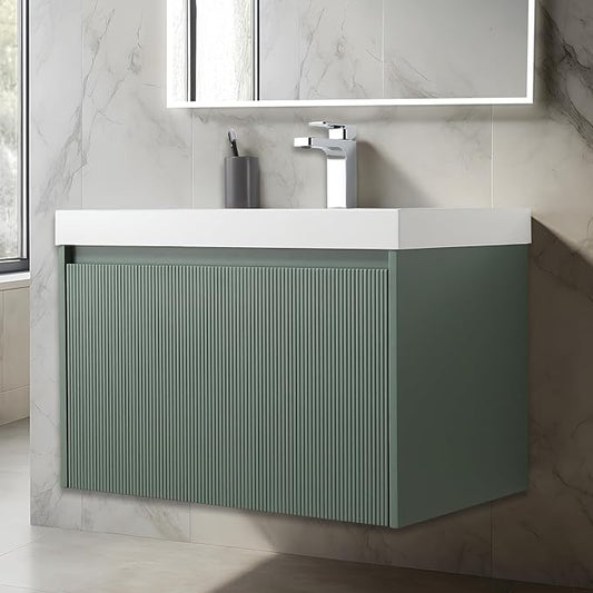 Blossom 30 Inch Bathroom Vanity with Sink, All Wood Wall Mounted Floating Bathroom Vanity Cabinet with Acrylic Sink, Bathroom Sink Cabinet w/Soft-Close Drawer, Modern Style Vanities, Aventurine Green