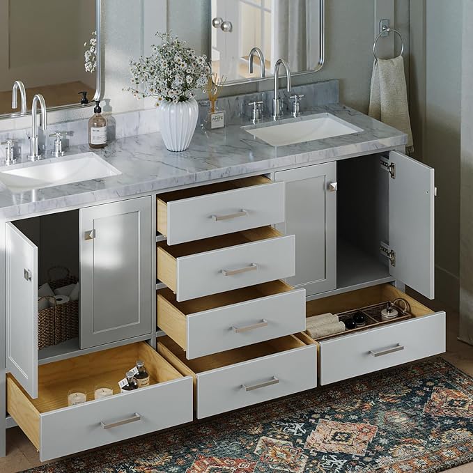 ARIEL Cambridge 72-inch Bathroom Vanity with Sink,Solid Wood, 1.5-inch Italian Carrara Marble Countertop, Double Rectangular Porcelain Sink, 4 Soft Closing Doors, 6 Dovetail Drawers, Grey